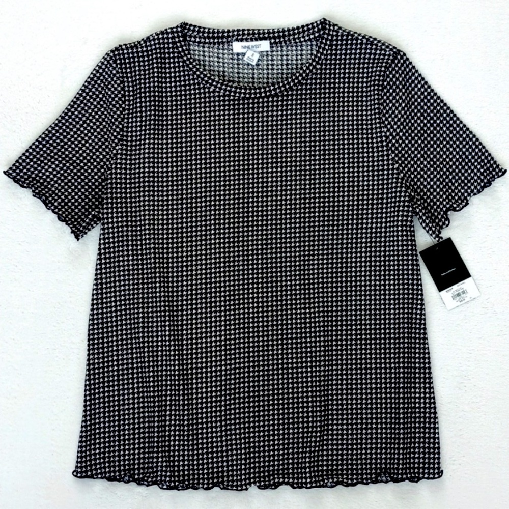 Nine West Women's Brown Cream Houndstooth/ Gingham Short Sleeve Blouse Size S